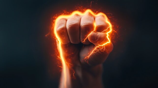 A clenched fist surrounded by glowing orange energy, symbolizing power and strength against a dark background.