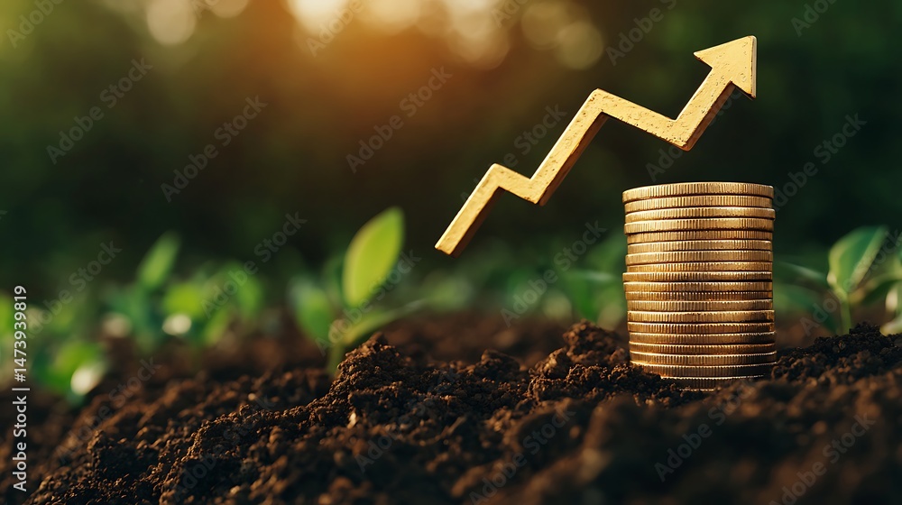 Poster stack of coins on fertile soil with a rising arrow symbolizing financial growth and investment in su