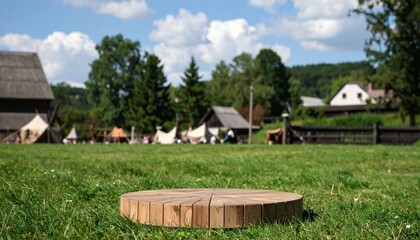 Rustic wooden platform amidst a medieval encampment