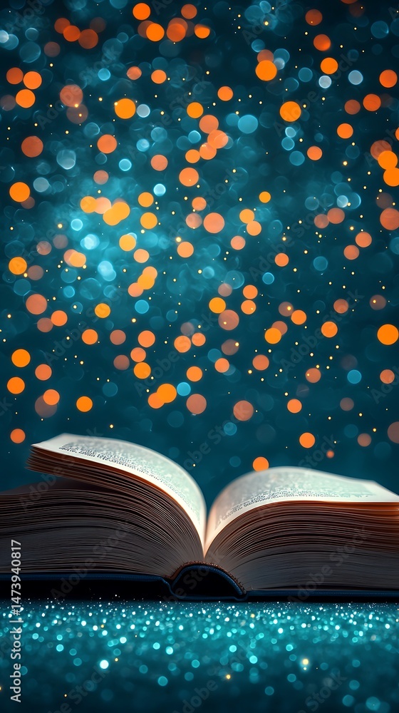 Aufkleber a magical open book sits on a sparkling surface with glowing bokeh lights rising from its pages, cre