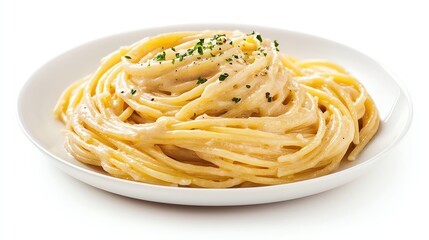Isolated on white, closeup of a luscious spaghetti carbonara swirl with creamy sauce clinging to each strand, rich textures, hyperrealistic photography