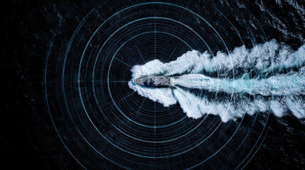Coast guard vessel navigates through water, creating waves and ripples while utilizing advanced scanning technology for safety