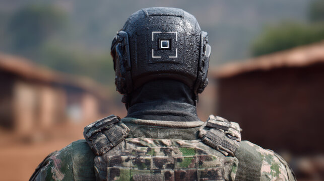 Tactical agent wearing specialized helmet stands in rugged environment, showcasing advanced gear and technology