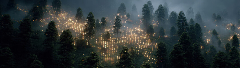 Fototapeta premium Serene forest landscape illuminated by glowing lights among tall trees, creating magical atmosphere. mist adds mystical touch