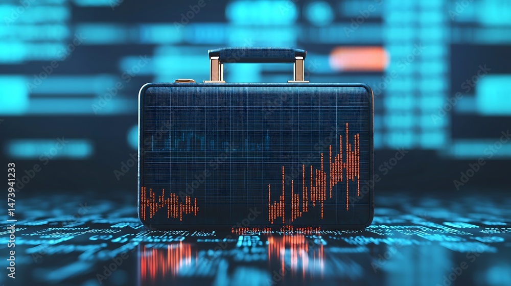 Poster a digital briefcase with stock market graphs stands against a background of glowing financial data s