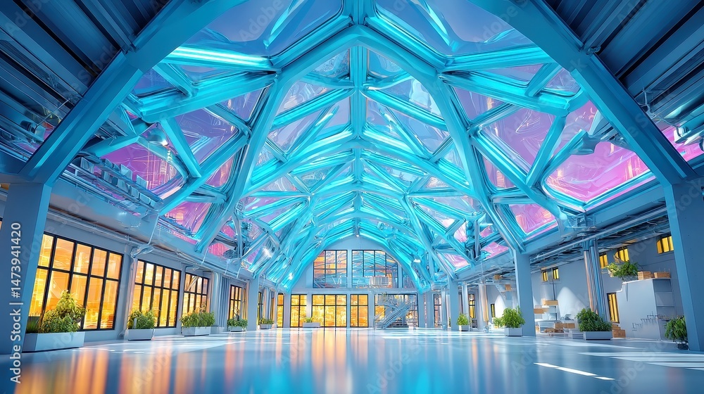 Poster modular steel roof structure, showcasing a sleek architectural design with a unique perspective, emp