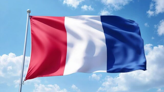 French flag waving in the wind against a blue sky  