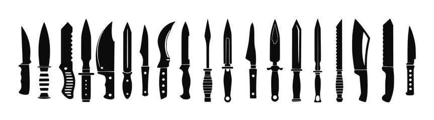 Metal Blade Tool Icon Set — Isolated Knives, Scissors, and Weapons Including Swords, Daggers, and Cutters for Repair, Battle, or Utility Design Concepts