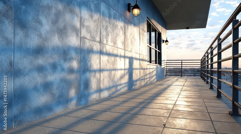 Poster shadow dance on slanted metal surfaces of modern rooftop architecture, emphasizing geometric forms a