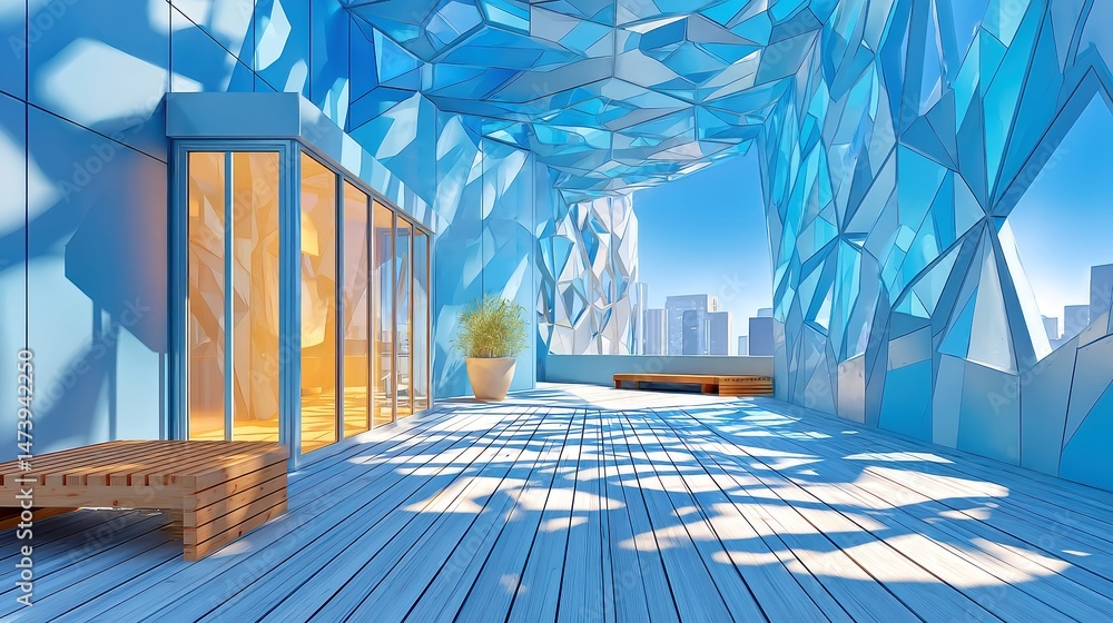 Poster contemporary rooftop design with dynamic shadow play, angled metal panels create intriguing patterns