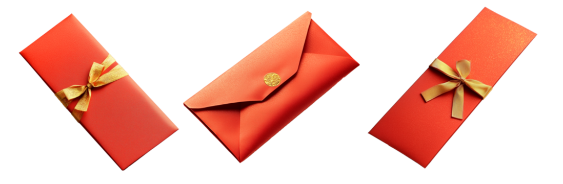 Red envelope Angpao with a golden floral design, adorned with a tassel and ornate closure, isolated on white transparent background, concept of luxury
