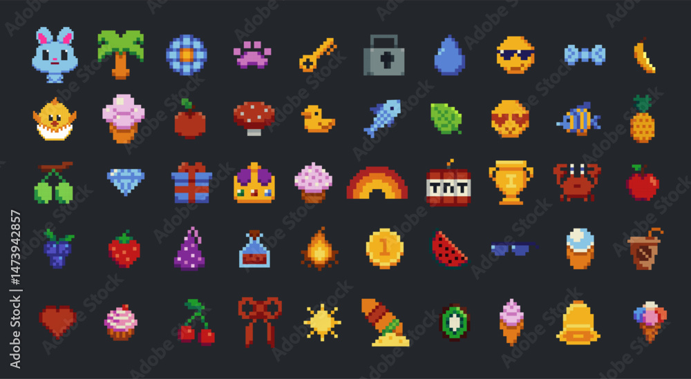 Poster set of summer pixel art speech bubbles and icons. retro game style dialogue box and elements vector 