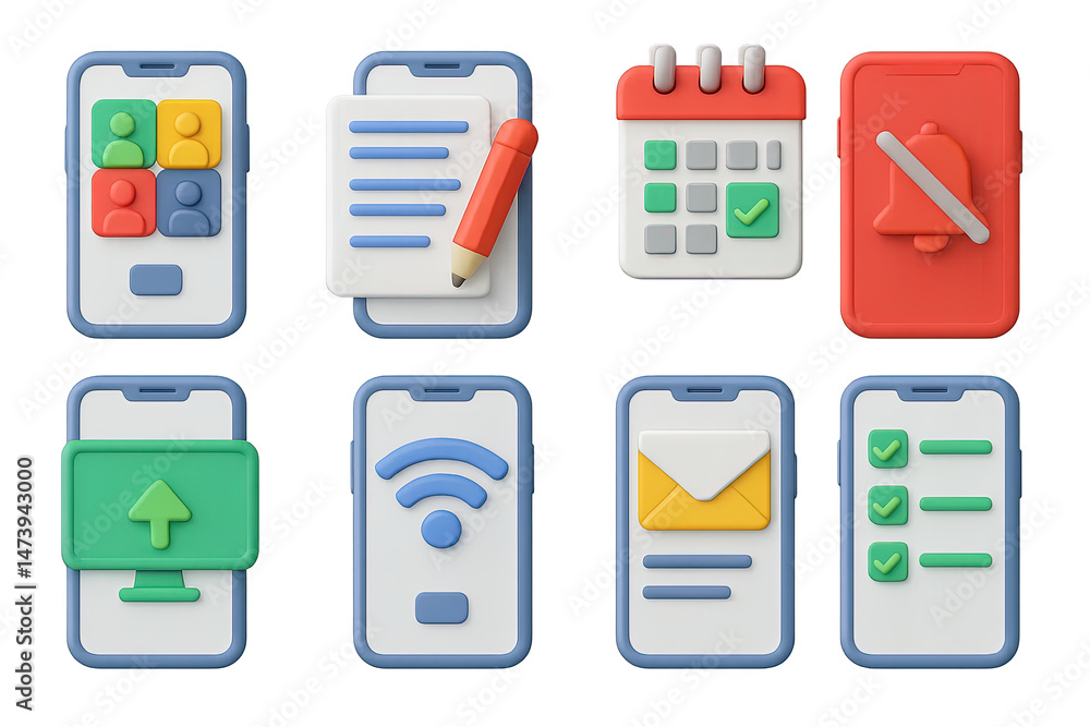 Aufkleber mobile app 3d icons set – interactive, user interface, digital design assets