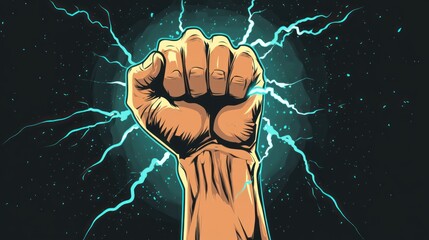 A clenched fist holding or releasing lightning symbolizes super strength, magical energy metaphor about controlling great power fantasy abstract art