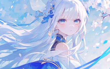躍動感あふれる白髪の美少女キャラクター・アニメスタイルのファンタジーイラスト