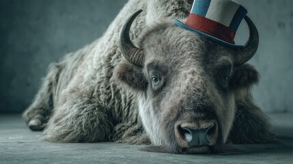 Patriotic Bison: An extraordinary bison, proudly sporting a patriotic hat, gazes forth with a unique blend of dignity and whimsy. Its presence evokes a sense of heritage and national identity.