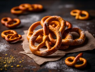 Freshly baked Bavarian pretzels sprinkled with salt and sugar, styled on a rustic dark surface for a traditional food photography scene perfect for culinary or Oktoberfest content.