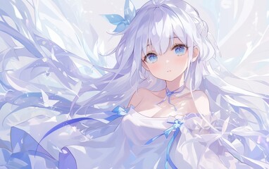 躍動感あふれる白髪の美少女キャラクター・アニメスタイルのファンタジーイラスト