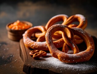 Freshly baked Bavarian pretzels sprinkled with salt and sugar, styled on a rustic dark surface for a traditional food photography scene perfect for culinary or Oktoberfest content.