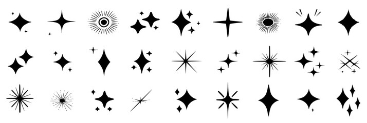 Sparkle Icon Vector Set — Isolated Black Star Shapes with Glittering Effects for Celebration, Galaxy, Rating, and Retro-Inspired Decorative Illustrations