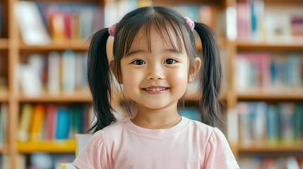 Radiant Child in Library: A bright and beaming child, with pigtails, sits in front of the bookshelf, exudes warmth and inviting curiosity. Capturing the joy of learning and reading.