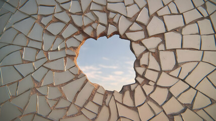 Mosaic fragments form opening revealing blue sky daytime