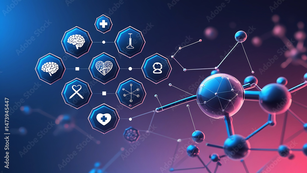 Poster medical abstract gradient background with molecules white and light blue web banner for science tech