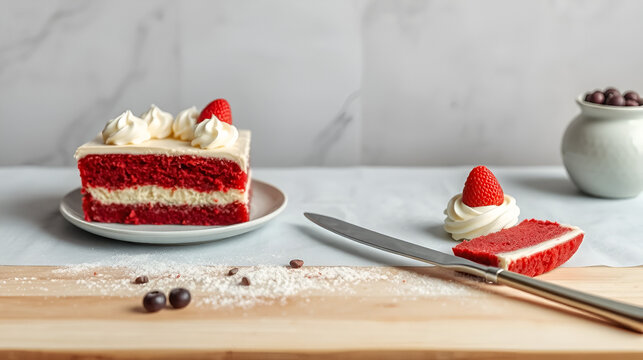 bizcocho de terciopelo rojo con crema pastelera en tabla de madera