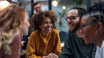 A group of diverse young adults laughing and socializing together in a casual setting indoors