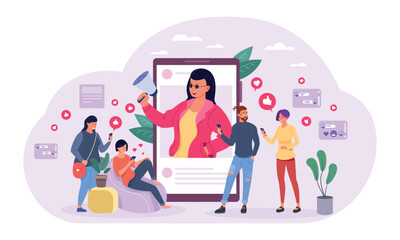 Influencer blogger marketing. Influence blogger with megaphone lead share audience, famous girl in phone online digital content social media post referral link vector illustration