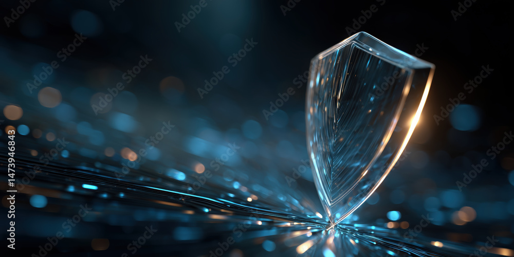 Poster digital shield blocking beam of light with glowing blue and orange bokeh background