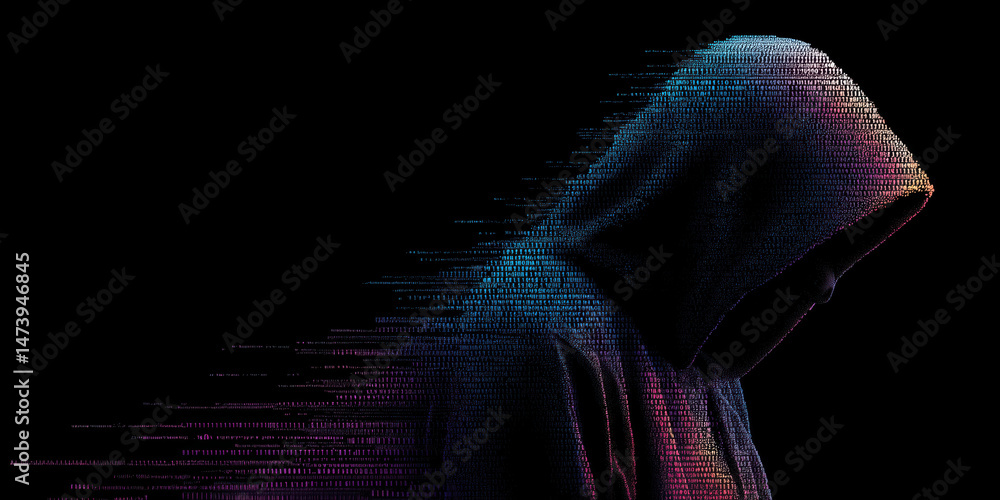 Aufkleber mysterious hooded figure composed of digital code with glitch effect on black background