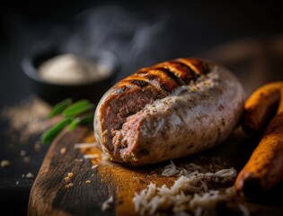 Juicy grilled sausage served in a fresh bun with herbs and garnish, captured in rich lighting. Ideal for showcasing comfort food, German cuisine, or BBQ-themed content.
