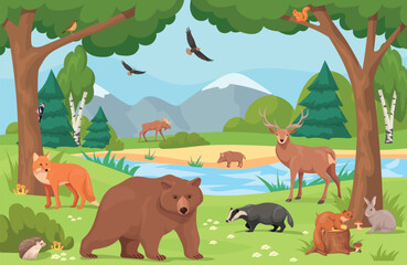 Forest animal landscape. Wild animals in woodland nature background, wildlife ecosystem natural fauna habitats wood land trees environment scene, cartoon neat vector illustration
