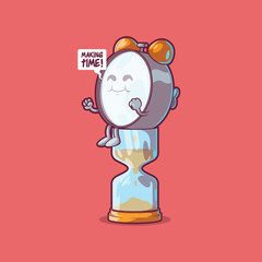 Clock Character seated on top of a sand clock vector illustration. Time, mascot design concept.