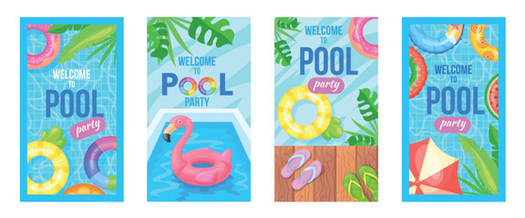 Pool party cards. Poolside summer birthday invitation card, swim beach event flyer blue water with inflatable swimming ring tropical vacation poster design neat vector illustration