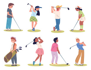Children play golf. Cartoon kid golfer characters, girl or boy stick hit ball swing putt school summer golfing club field course child junior sport, classy vector illustration