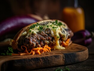 Juicy grilled sausage served in a fresh bun with herbs and garnish, captured in rich lighting. Ideal for showcasing comfort food, German cuisine, or BBQ-themed content.