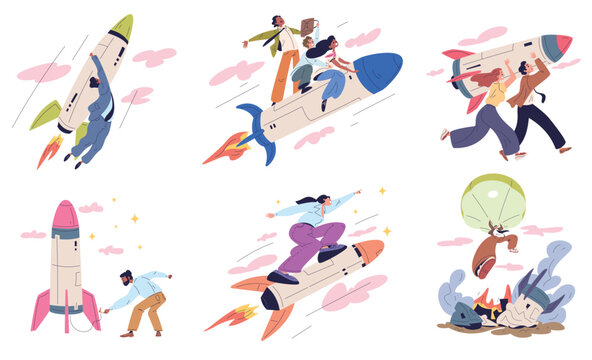 People flying rocket. Teamwork success startup business failure concept, entrepreneur launch ship team start up growth progress internship achievement classy vector illustration
