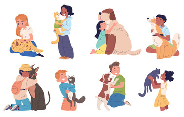 Children hugging dogs. Happy kids hug love pets, little owner holding puppy dog cat girl boy cuddle puppy kitten best friends animal child companion, classy vector illustration