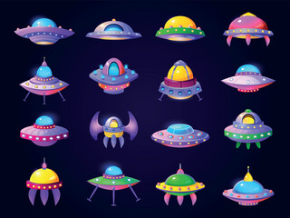 Alien spaceships. Cartoon ufo starship, game space ships futuristic design space craft ship galaxy sky cosmic shuttle flying saucer spacecraft rocket, swanky vector illustration