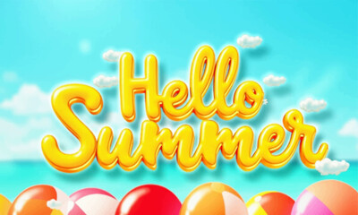 Hello Summer vector poster with vibrant sun, beach scene, tropical leaves, and bold text—bright colors and fun elements to capture the joyful summer vibe.