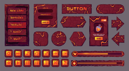 Lava stone ui. Volcano eruption game menu interface, volcanic rock fire lava stones arrow button loading progress bar mobile gaming app, cartoon asset swanky vector illustration © ssstocker