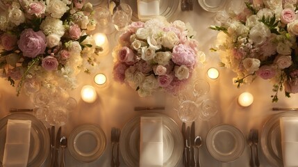 Elegant wedding table with floral centerpiece and fine china, radiating timeless romance and sophistication