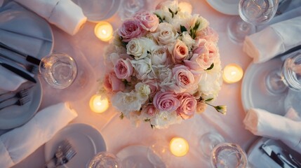 Elegant wedding table with floral centerpiece and fine china, radiating timeless romance and sophistication