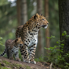Fototapeta premium amur leopard with offspring