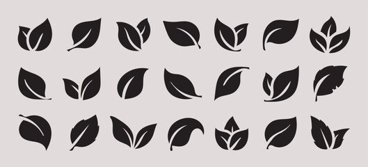 Leaf icon set black silhouette nature symbol botanical design minimalist style eco friendly graphic element foliage organic shape decorative motif This collection of black leaf icons features