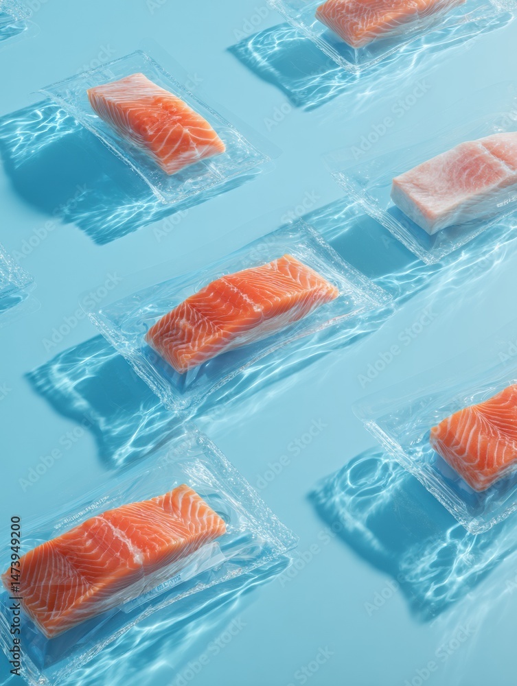 Poster frozen fish packaging mockup displayed on a soft blue background showcasing various fillets