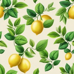 Seamless Pattern of Yellow Lemons and Green Leaves on Beige Background