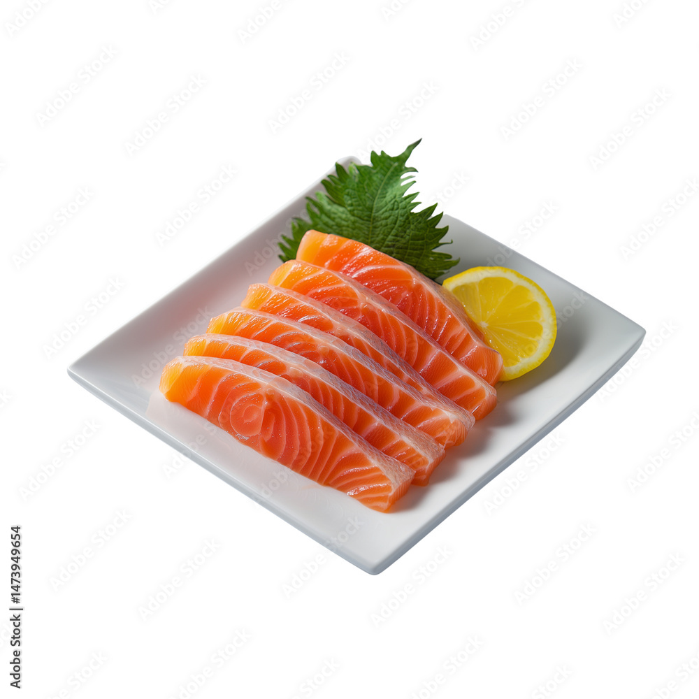Poster sliced salmon arranged on a plate with a lemon wedge and garnish. isolated on white background and t